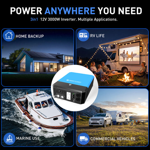 3000W Inverter Charger, 12V DC to 120V AC Pure Sine Wave with Charger