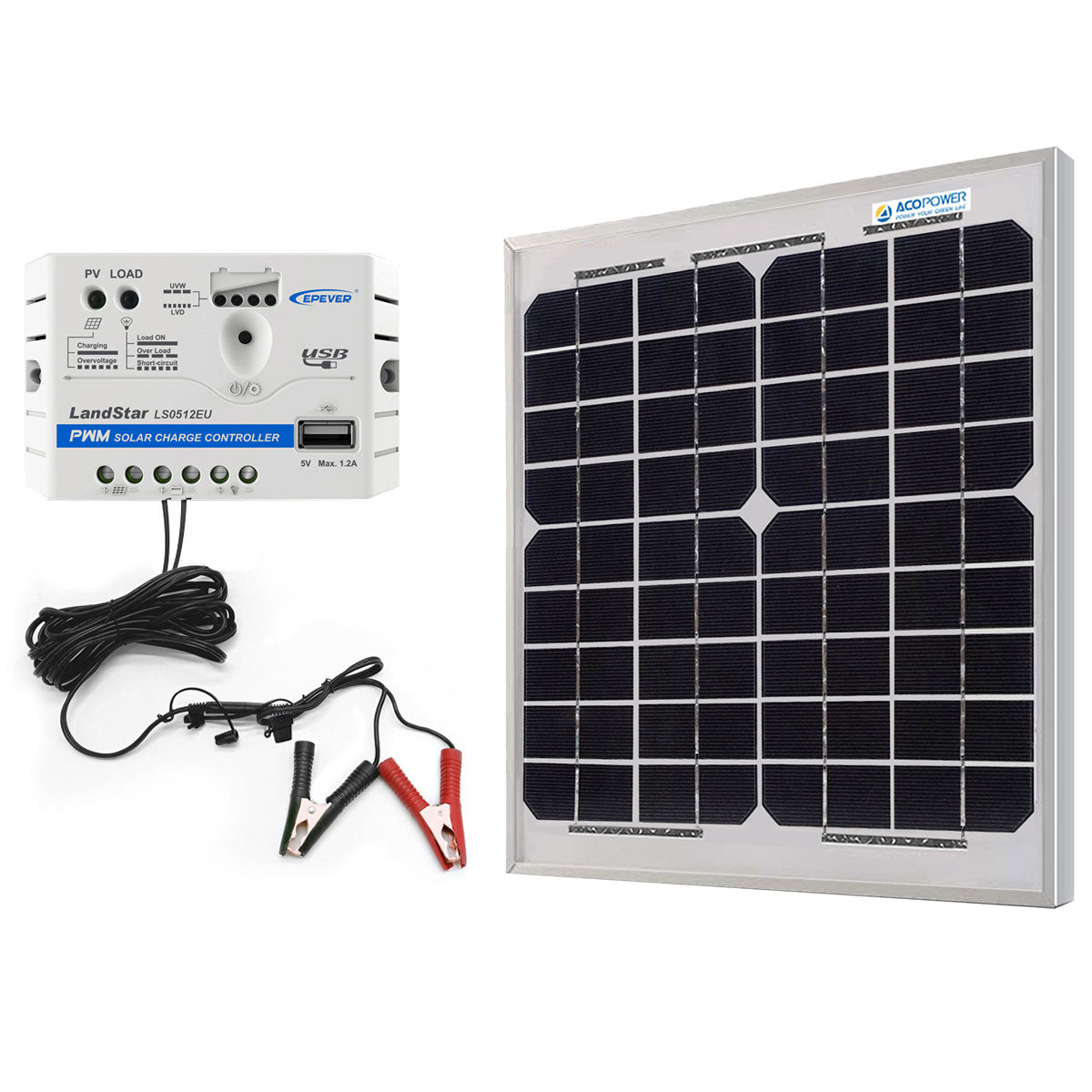 ACOPower 10 W 12 V Solarladegerät-Set, 5 A Laderegler mit Krokodilklemmen 