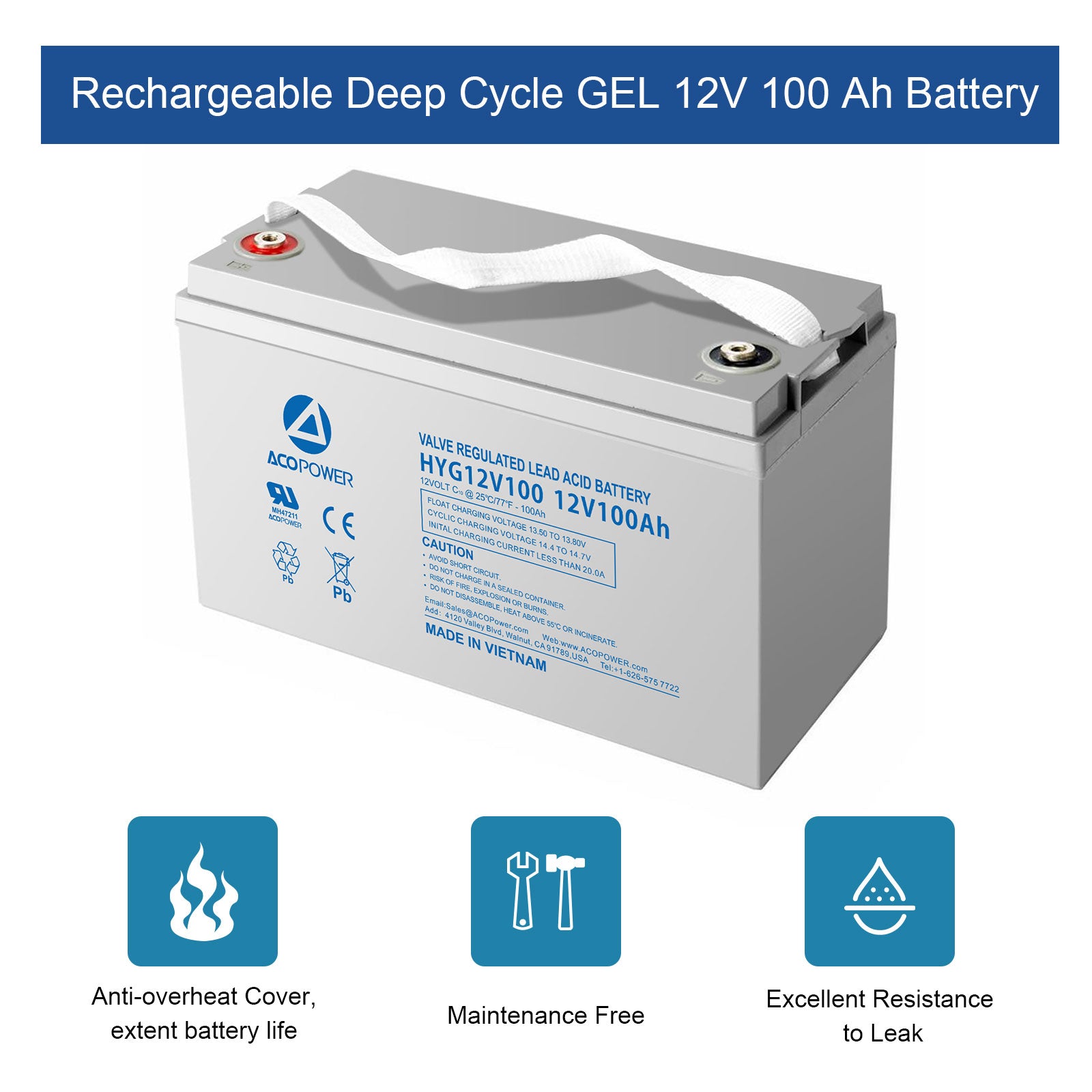 12–100 Ah wiederaufladbare Gel-Deep-Cycle-12-V-100-Ah-Batterie mit Knopfklemmen