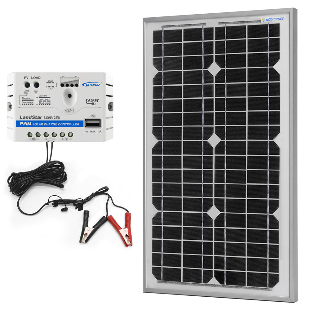 ACOPower 30 W 12 V Solarladegerät-Set, 5 A Laderegler mit Krokodilklemmen 