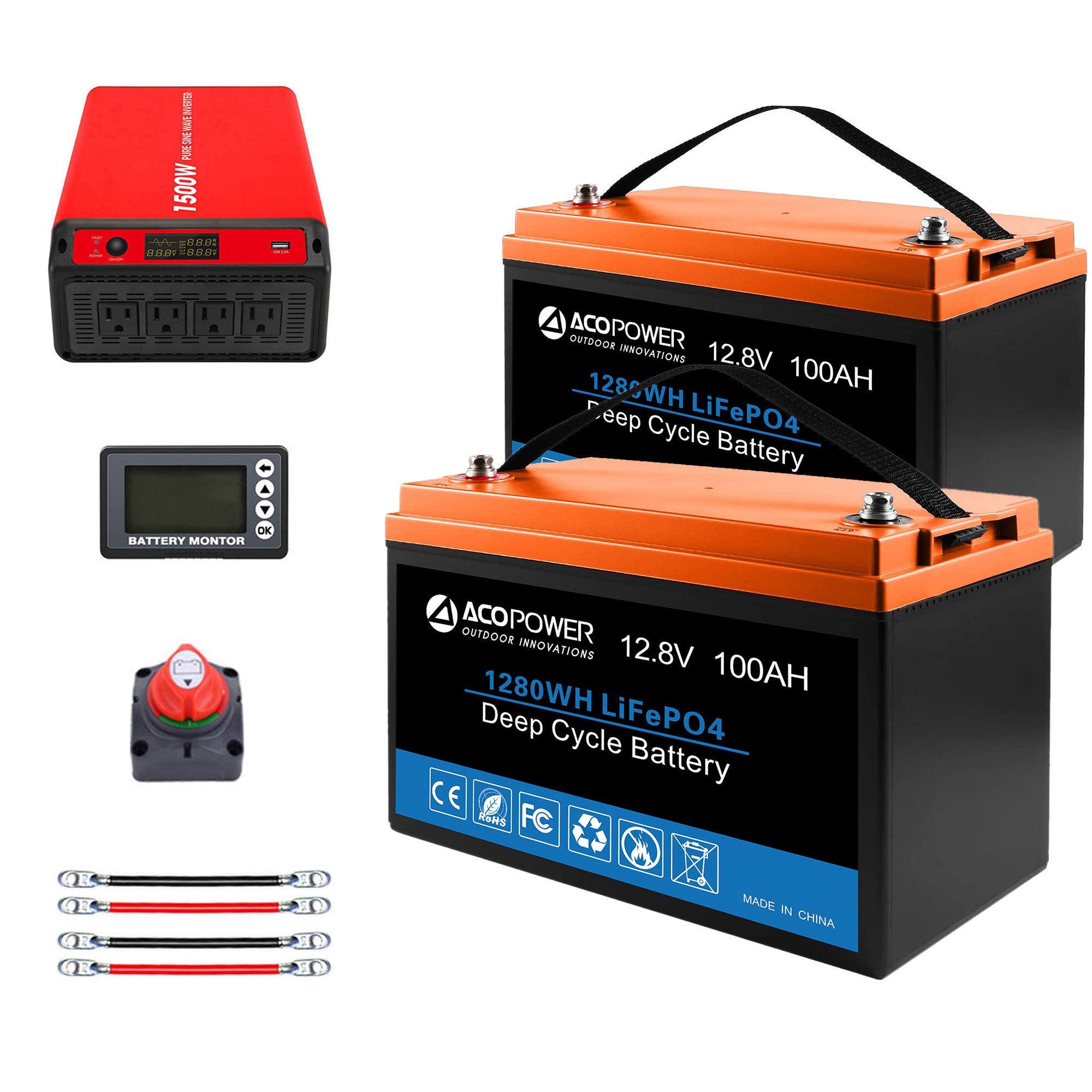 ACOPOWER Lithium-Batterie-Mono-Solarstrom-Komplettsystem mit Batterie und Wechselrichter für Wohnmobil-Boote, 12-V-Off-Grid-Kit