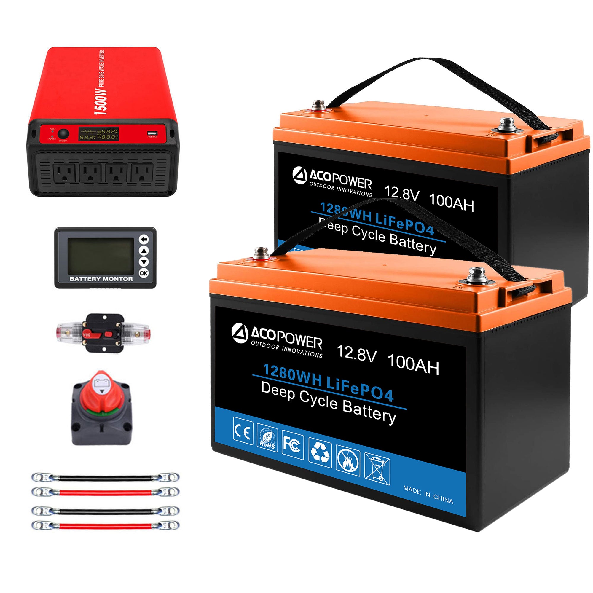 ACOPOWER Lithium-Batterie-Mono-Solarstrom-Komplettsystem mit Batterie und Wechselrichter für Wohnmobil-Boote, 12-V-Off-Grid-Kit