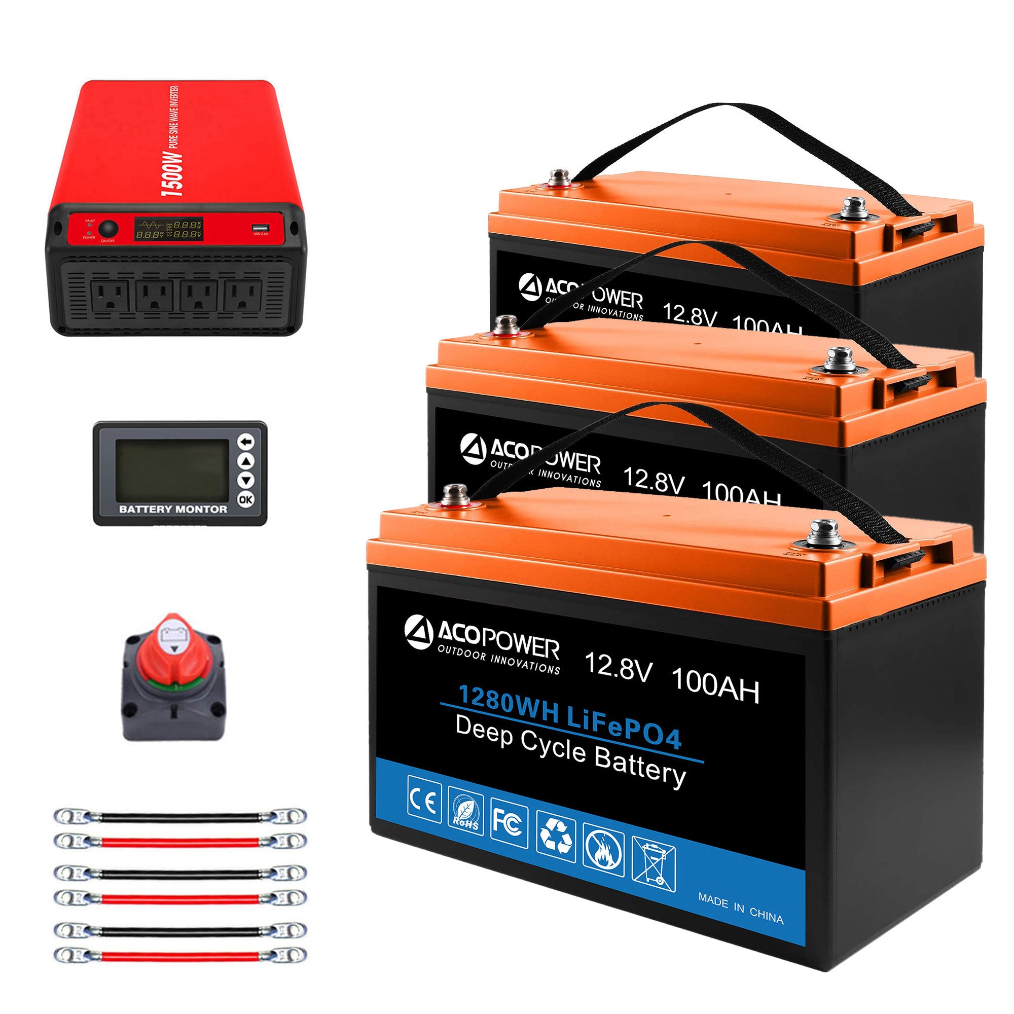 ACOPOWER Lithium-Batterie-Mono-Solarstrom-Komplettsystem mit Batterie und Wechselrichter für Wohnmobil-Boote, 12-V-Off-Grid-Kit