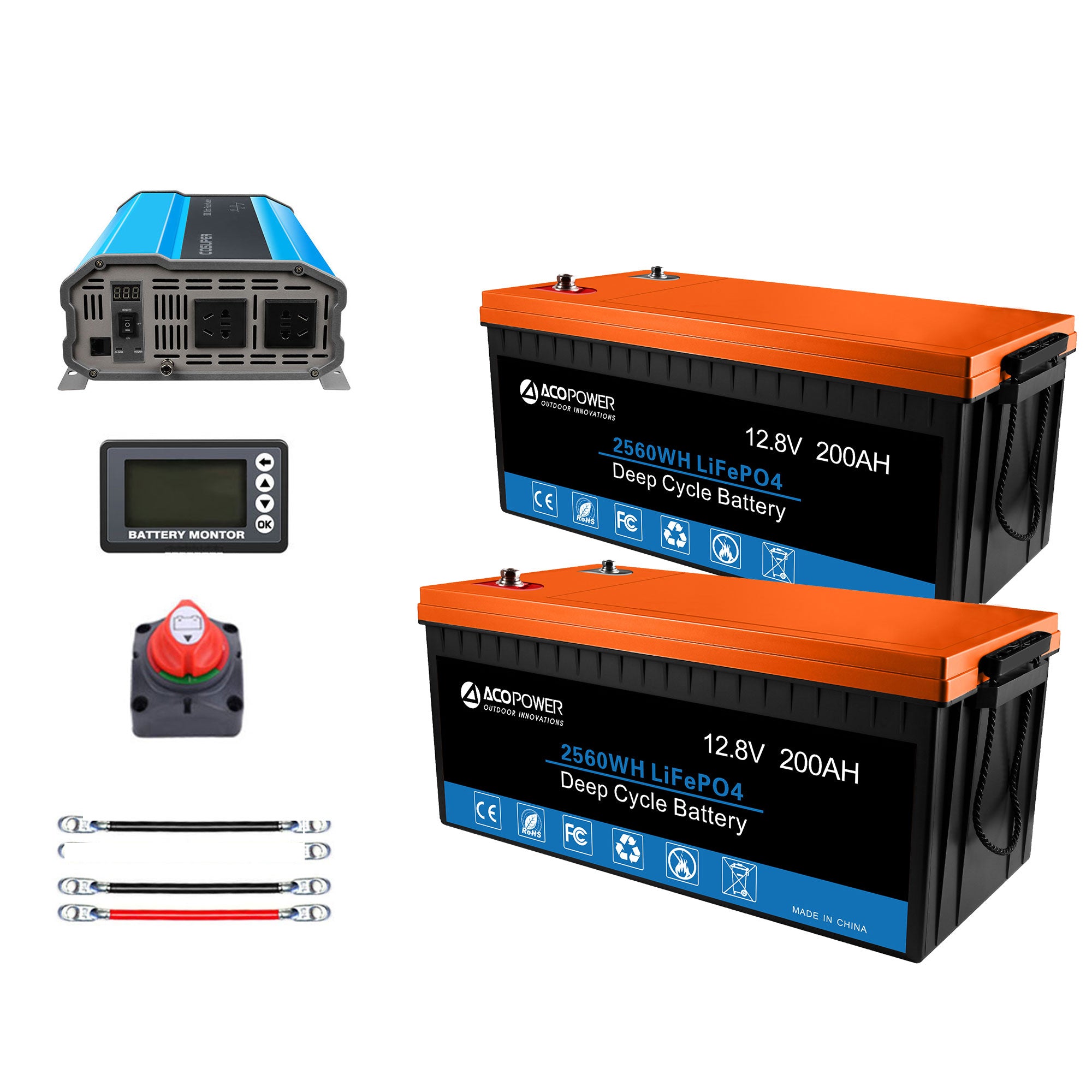ACOPOWER Lithium-Batterie-Mono-Solarstrom-Komplettsystem mit Batterie und Wechselrichter für Wohnmobil-Boote, 12-V-Off-Grid-Kit