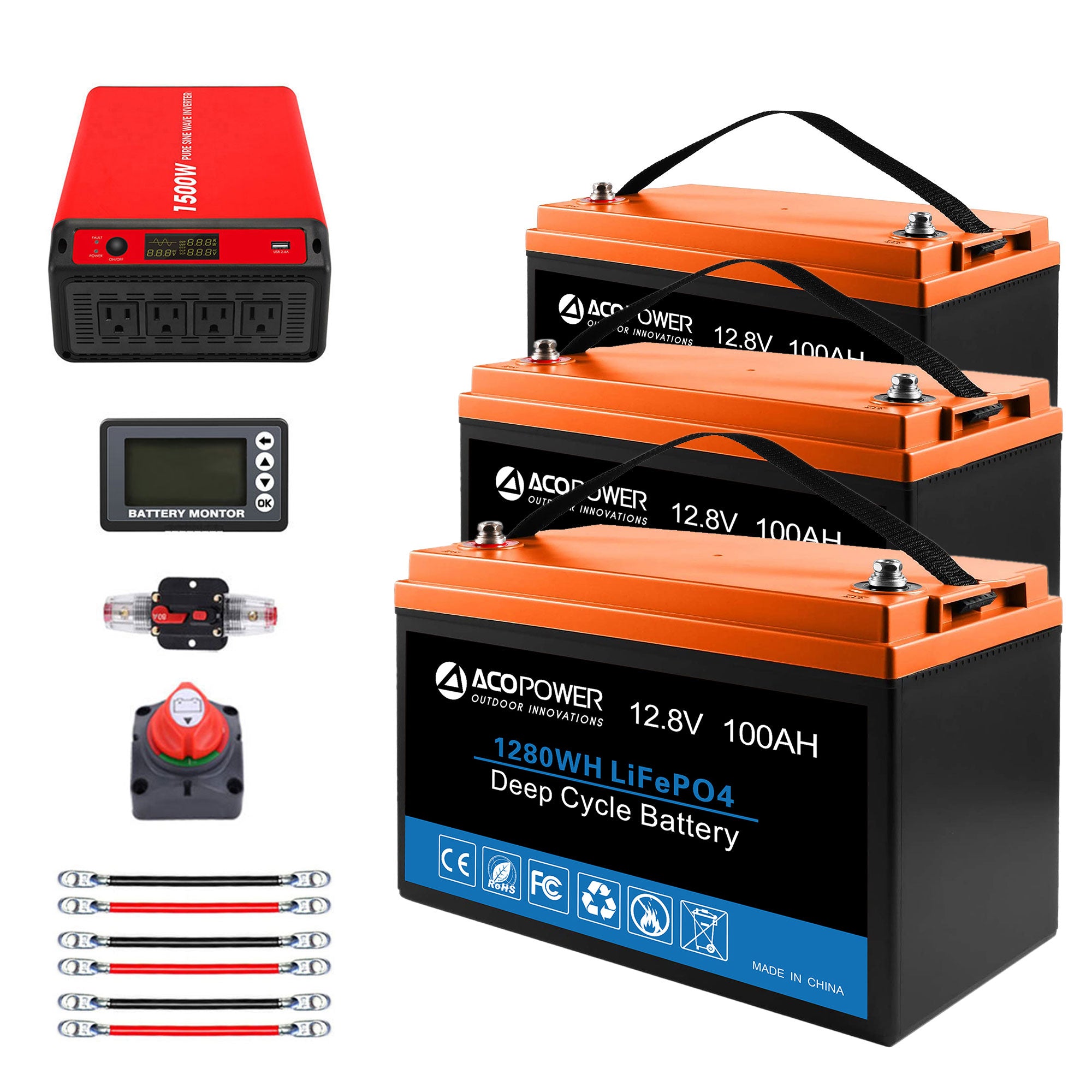 ACOPOWER Lithium-Batterie-Mono-Solarstrom-Komplettsystem mit Batterie und Wechselrichter für Wohnmobil-Boote, 12-V-Off-Grid-Kit