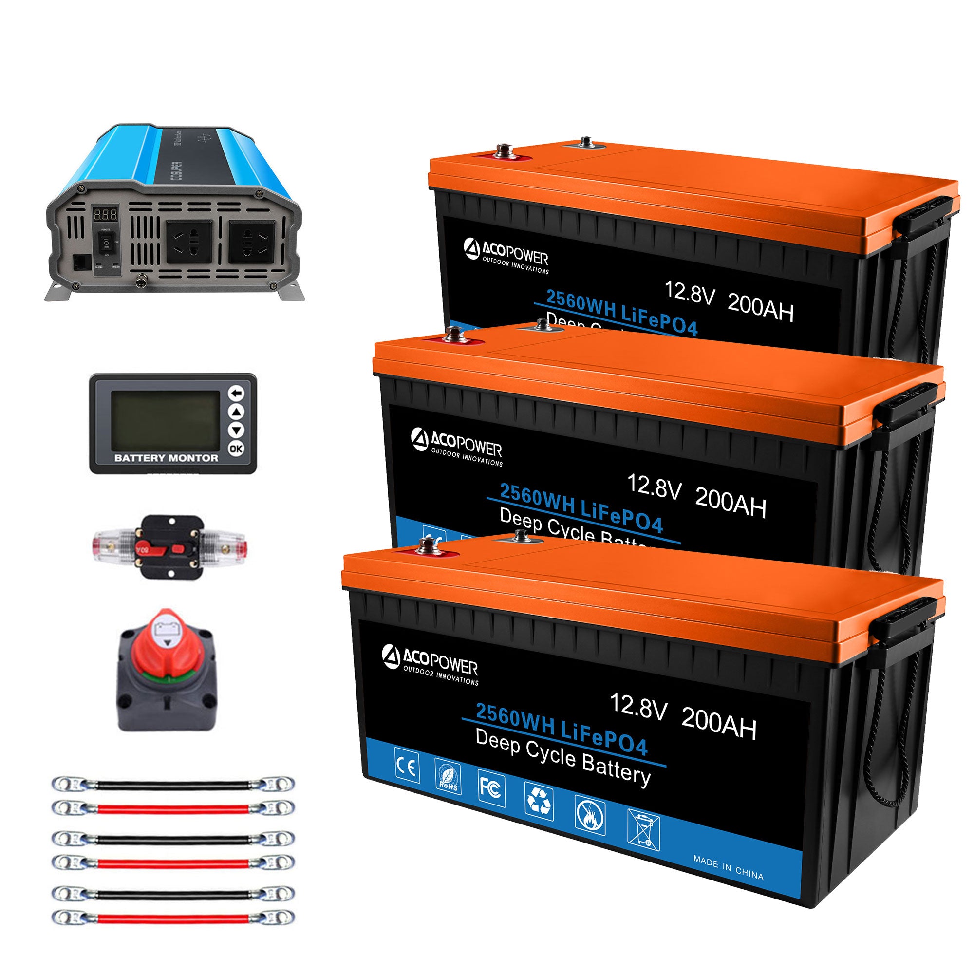 ACOPOWER Lithium-Batterie-Mono-Solarstrom-Komplettsystem mit Batterie und Wechselrichter für Wohnmobil-Boote, 12-V-Off-Grid-Kit