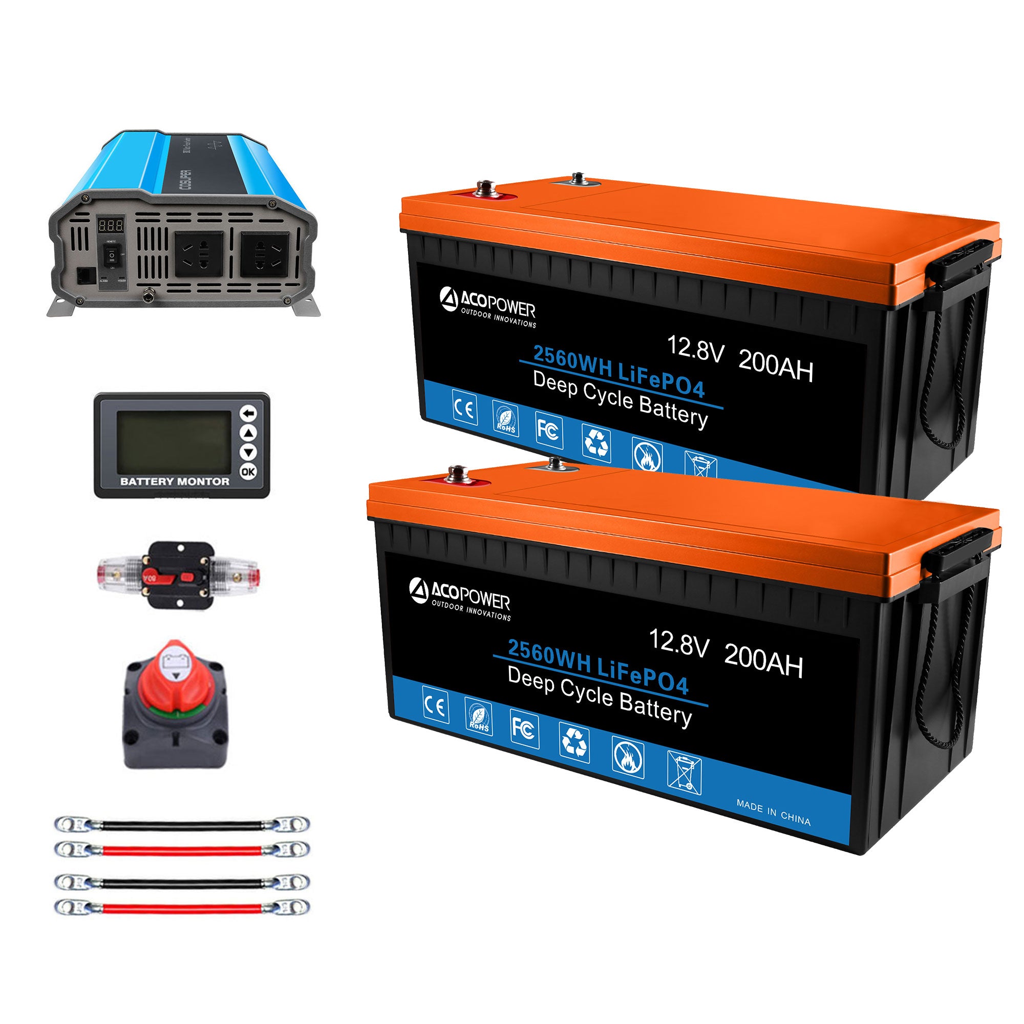 ACOPOWER Lithium-Batterie-Mono-Solarstrom-Komplettsystem mit Batterie und Wechselrichter für Wohnmobil-Boote, 12-V-Off-Grid-Kit
