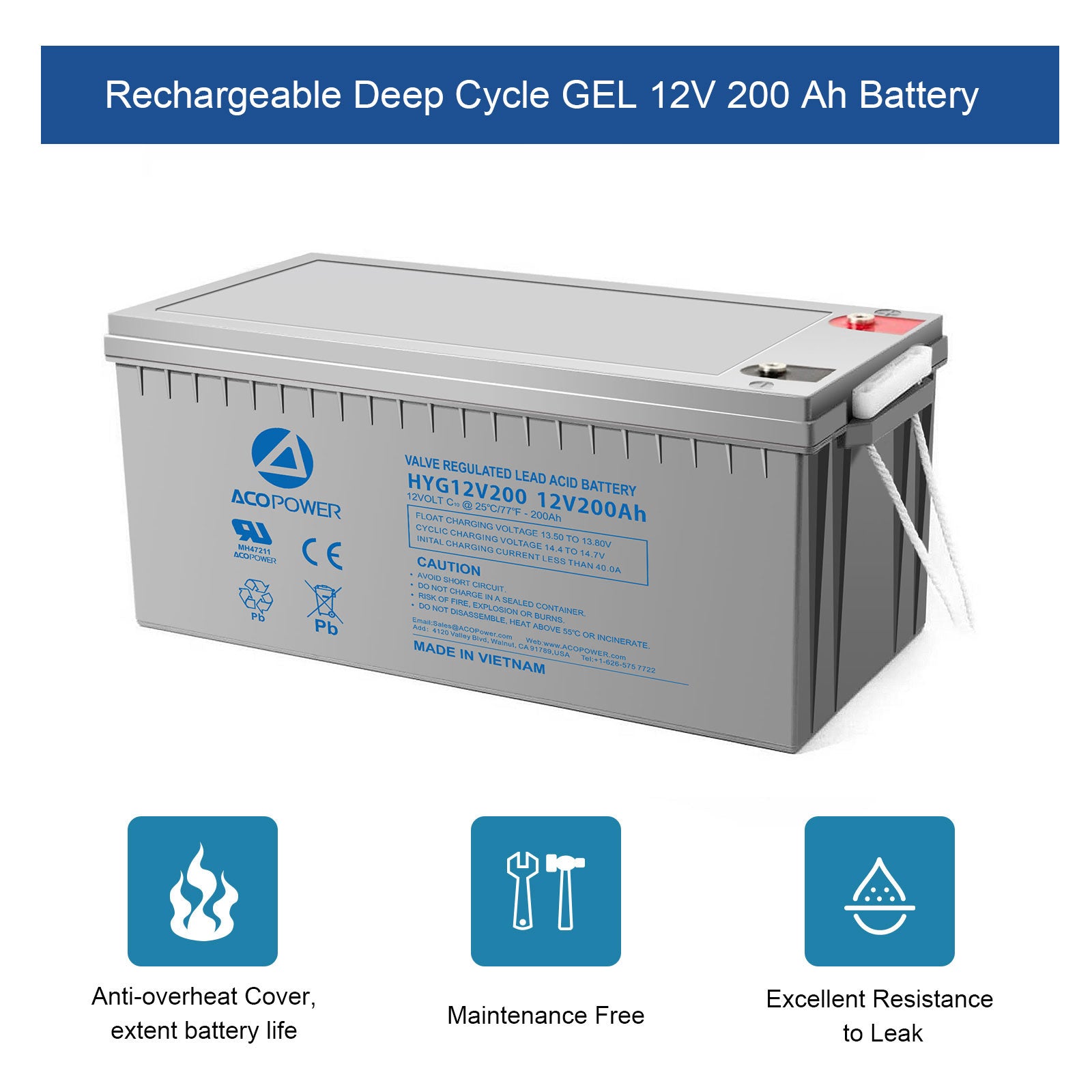 ACOPOWER HYG12-200Ah wiederaufladbare Gel Deep Cycle 12V 200Ah Batterie